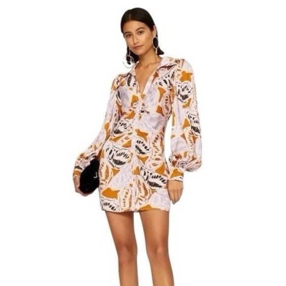 For Love‎ & Lemons S Esmeralda Mini Dress Butterfly Mini Ruched Long sleeve NWT! - Picture 1 of 13